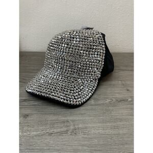 Bling Rhinestone Bedazzled Baseball Cap Silver Studded Adjustable Black Hat NEW